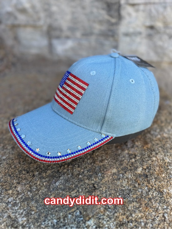 Handmade Light Blue Denim Baseball Cap with Rhinestone American Flag main image 8